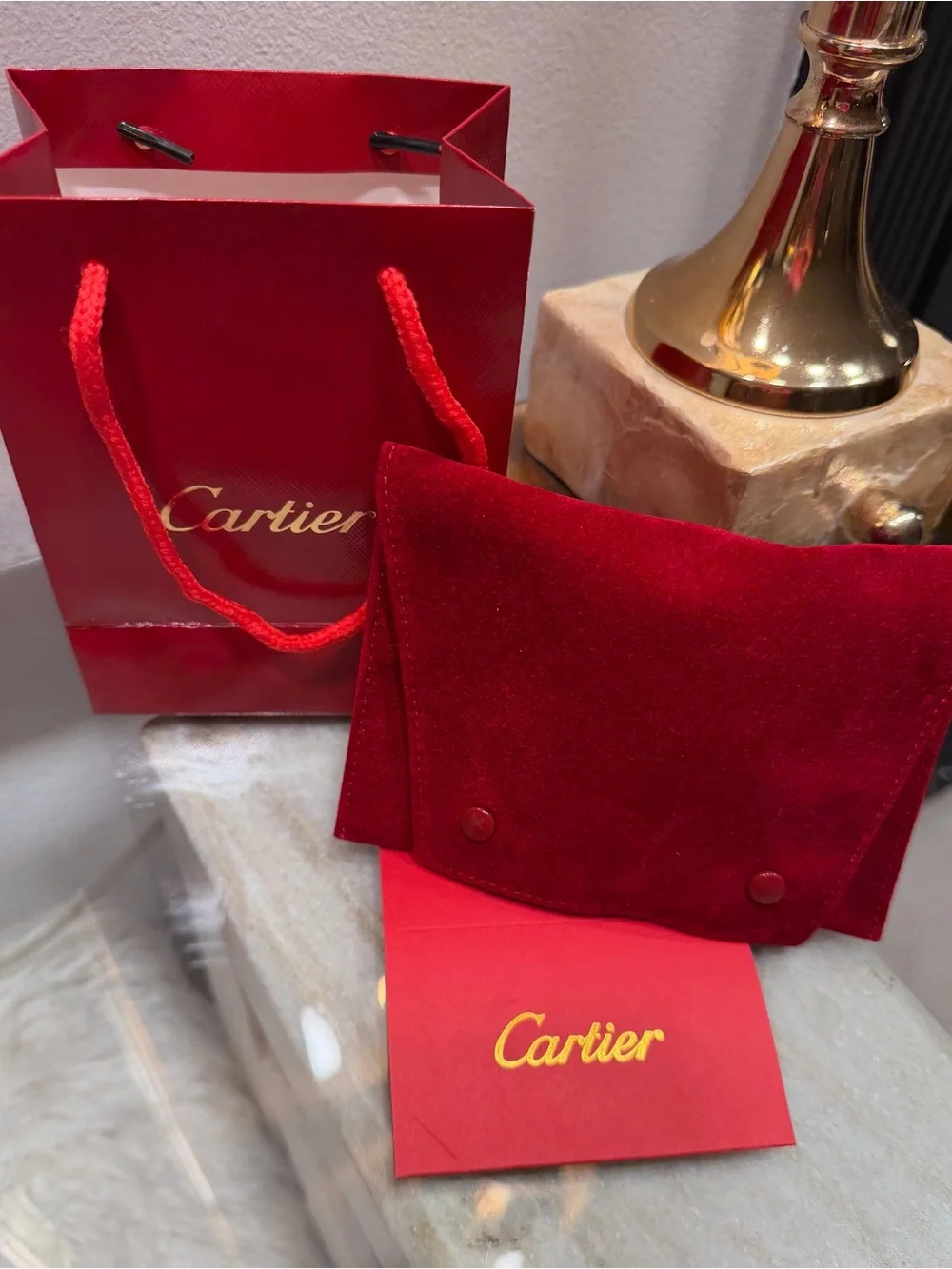 Cartier 3 piece~ Red Velvet Jewelry Sleeve with Gold Hardware, Gift Bag + Card